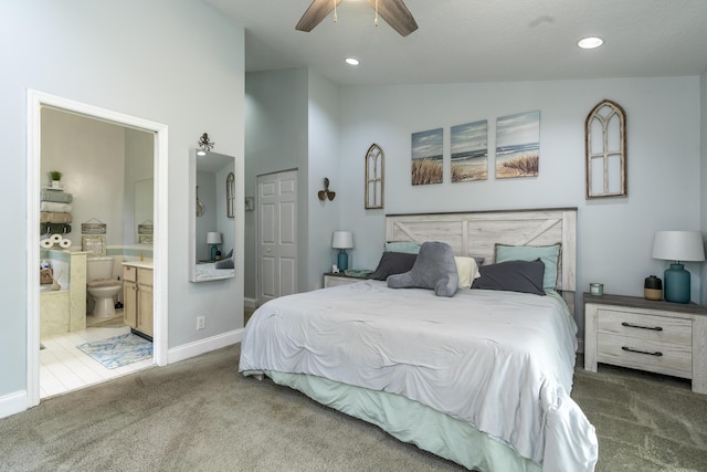 17069 81st Ln N, Loxahatchee, FL 33470 - carpeted bedroom featuring high vaulted ceiling, connected bathroom, baseboards, recessed lighting, and a ceiling fan