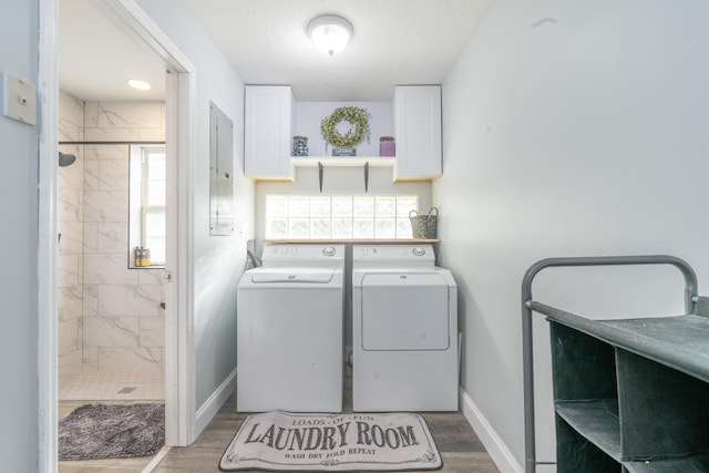 17069 81st Ln N, Loxahatchee, FL 33470 - laundry area with cabinet space, washer and dryer, wood finished floors, baseboards, and electric panel