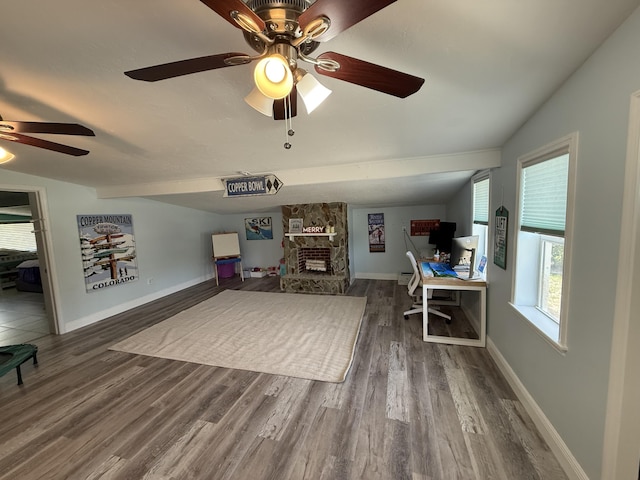 408 S 9th St, Lantana, FL 33462 - office space with a ceiling fan, wood finished floors, lofted ceiling, and baseboards