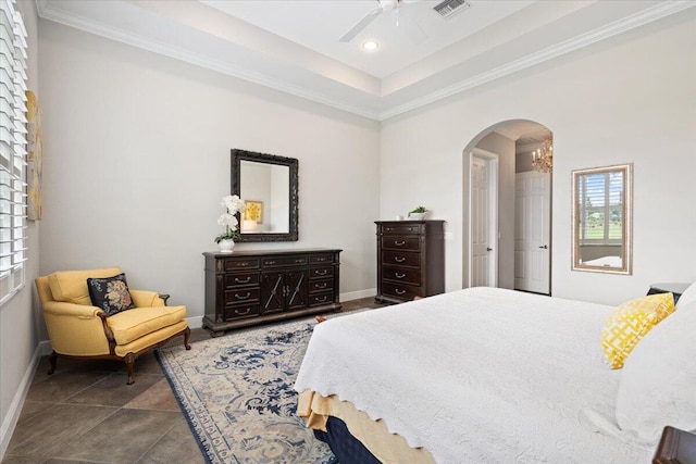 9926 SW Nuova Way, Port Saint Lucie, FL 34986 - bedroom with arched walkways, ornamental molding, baseboards, recessed lighting, and ceiling fan