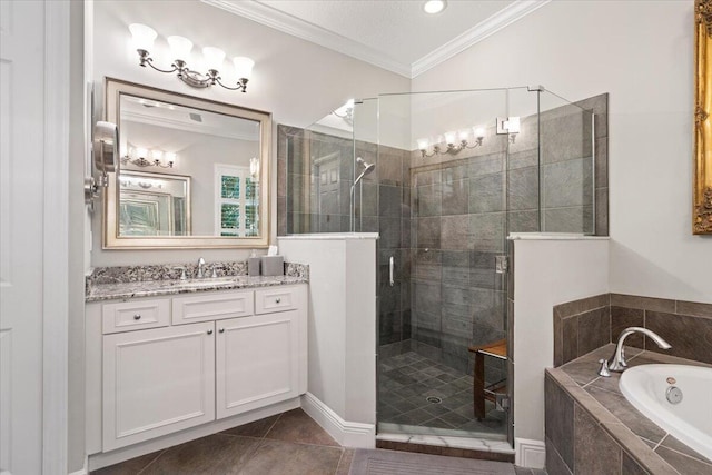 9926 SW Nuova Way, Port Saint Lucie, FL 34986 - bathroom featuring a garden tub, vanity, crown molding, a shower stall, and tile patterned floors