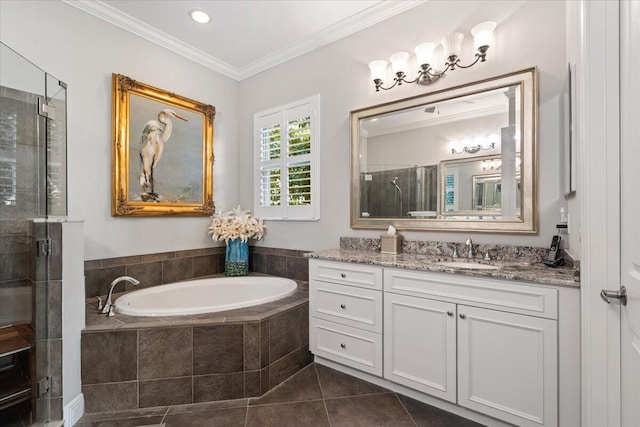 9926 SW Nuova Way, Port Saint Lucie, FL 34986 - bathroom featuring vanity, a garden tub, crown molding, a stall shower, and tile patterned flooring
