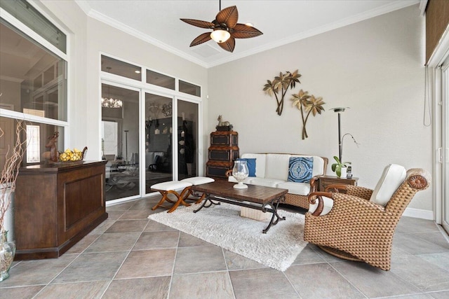 9926 SW Nuova Way, Port Saint Lucie, FL 34986 - living area featuring ceiling fan, ornamental molding, and light tile patterned floors