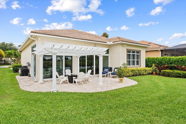 9926 SW Nuova Way, Port Saint Lucie, FL 34986 - rear view of property featuring a pergola, a lawn, stucco siding, and a tiled roof