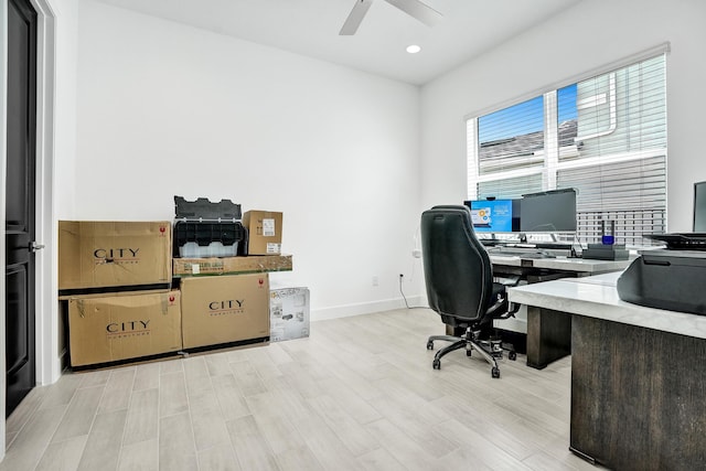 5609 Zestar Ln, The Acreage, FL 33470 - office space with ceiling fan, light wood-style flooring, baseboards, and recessed lighting