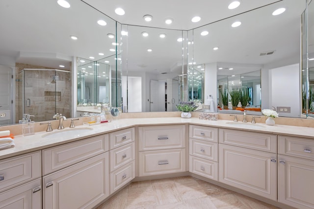 20310 Fairway Oaks Dr Unit 161, Boca Raton, FL 33434 - full bathroom featuring double vanity, a shower stall, and recessed lighting