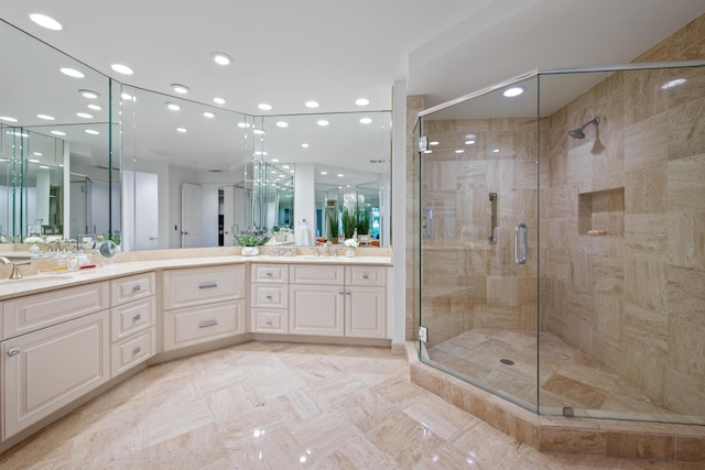20310 Fairway Oaks Dr Unit 161, Boca Raton, FL 33434 - full bathroom with double vanity, a stall shower, and recessed lighting