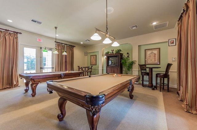 1590 S 42nd Cir Unit 106, Vero Beach, FL 32967 - recreation room featuring light colored carpet, billiards table, crown molding, recessed lighting, and baseboards