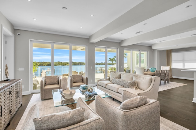 18119 SE Federal Hwy, Tequesta, FL 33469 - living room with baseboards, wood finished floors, beamed ceiling, a water view, and recessed lighting