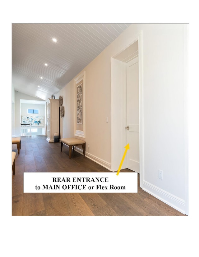 18119 SE Federal Hwy, Tequesta, FL 33469 - corridor with lofted ceiling, wood finished floors, baseboards, recessed lighting, and wooden ceiling