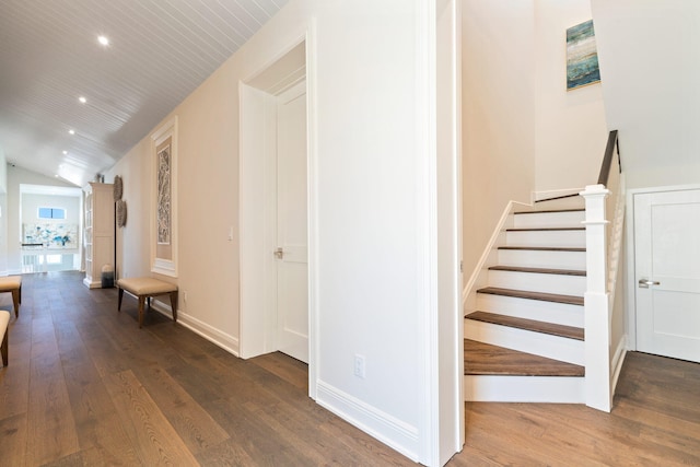 18119 SE Federal Hwy, Tequesta, FL 33469 - corridor with wood finished floors, recessed lighting, stairs, lofted ceiling, and baseboards