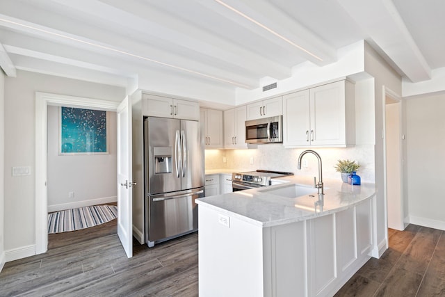 18119 SE Federal Hwy, Tequesta, FL 33469 - kitchen with stainless steel appliances, a sink, a peninsula, dark wood-style flooring, and tasteful backsplash