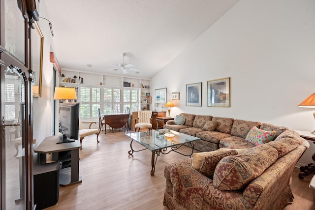 5200 SE Seascape Way Unit 201, Stuart, FL 34997 - living room with ceiling fan, light wood-style floors, and high vaulted ceiling