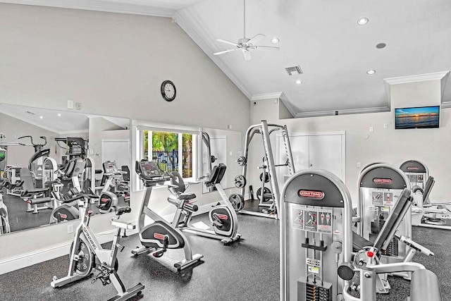 18531 Anchor Dr, Boca Raton, FL 33498 - workout area featuring ceiling fan, high vaulted ceiling, recessed lighting, and ornamental molding