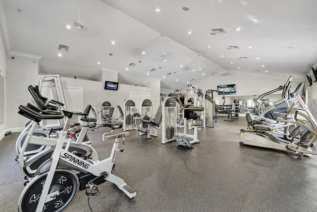 18531 Anchor Dr, Boca Raton, FL 33498 - gym featuring ceiling fan, recessed lighting, crown molding, and high vaulted ceiling