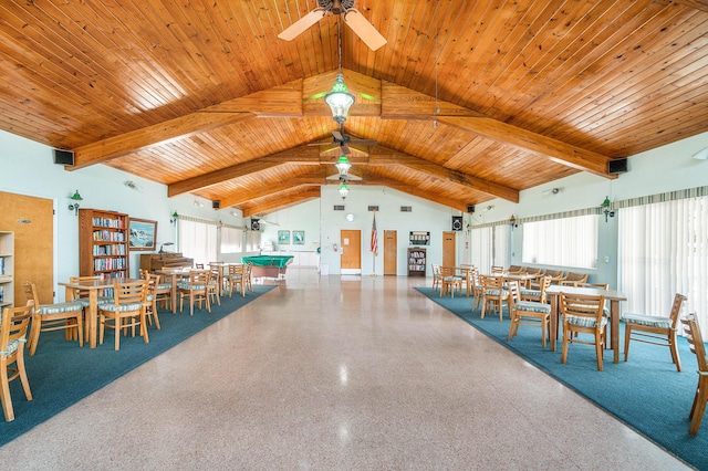 2020 Lake Osborne Dr Unit 10, Lake Worth, FL 33461 - dining space featuring ceiling fan, a wooden ceiling with exposed beams, speckle patterned floor, and high vaulted ceiling