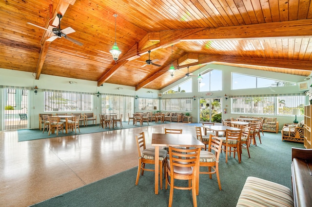 2020 Lake Osborne Dr Unit 10, Lake Worth, FL 33461 - dining space with ceiling fan, high vaulted ceiling, and a wooden ceiling with exposed beams