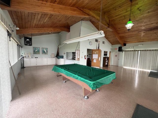 2020 Lake Osborne Dr Unit 10, Lake Worth, FL 33461 - recreation room featuring billiards table, a wood ceiling with exposed beams, speckled floor, and high vaulted ceiling