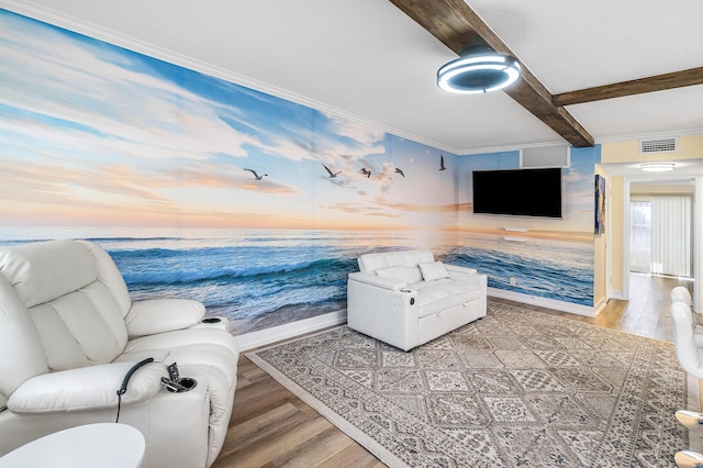 2020 Lake Osborne Dr Unit 10, Lake Worth, FL 33461 - living room featuring wood finished floors, beamed ceiling, and crown molding