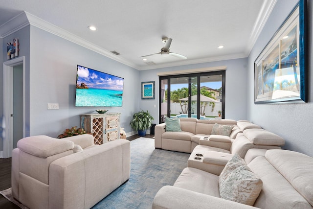 260 SE Via Visconti, Port Saint Lucie, FL 34952 - living room featuring wood finished floors, recessed lighting, ceiling fan, ornamental molding, and baseboards