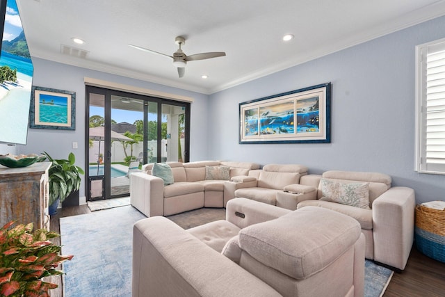 260 SE Via Visconti, Port Saint Lucie, FL 34952 - living area featuring wood finished floors, plenty of natural light, crown molding, ceiling fan, and recessed lighting