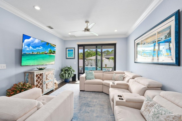 260 SE Via Visconti, Port Saint Lucie, FL 34952 - living room with ornamental molding, wood finished floors, recessed lighting, ceiling fan, and baseboards