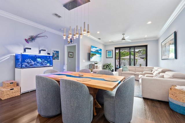 260 SE Via Visconti, Port Saint Lucie, FL 34952 - dining room featuring dark wood-style floors, ornamental molding, recessed lighting, and a ceiling fan