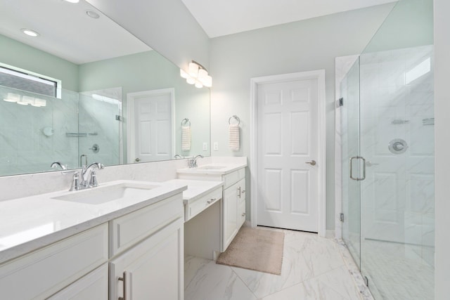 260 SE Via Visconti, Port Saint Lucie, FL 34952 - full bathroom with a stall shower, two vanities, marble finish floors, and recessed lighting