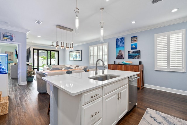 260 SE Via Visconti, Port Saint Lucie, FL 34952 - kitchen featuring a sink, stainless steel dishwasher, ornamental molding, baseboards, and light countertops