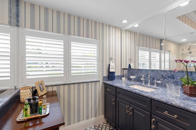 4633 Holly Dr, Palm Beach Gardens, FL 33418 - bathroom featuring wallpapered walls, vanity, and recessed lighting