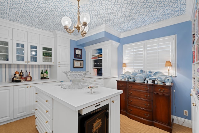 4633 Holly Dr, Palm Beach Gardens, FL 33418 - kitchen featuring a chandelier, light countertops, light carpet, white cabinets, and glass insert cabinets