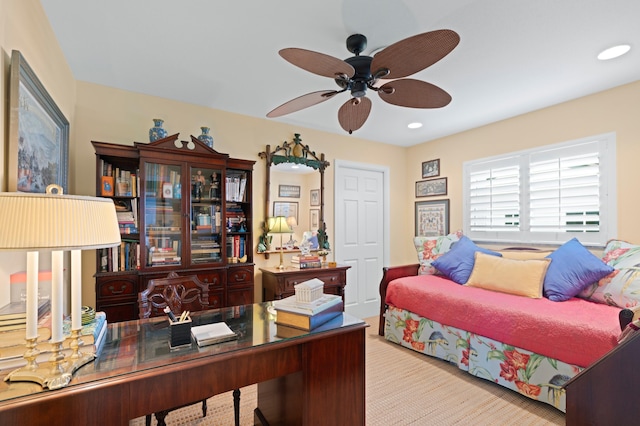 4633 Holly Dr, Palm Beach Gardens, FL 33418 - carpeted bedroom featuring an office area, recessed lighting, and ceiling fan