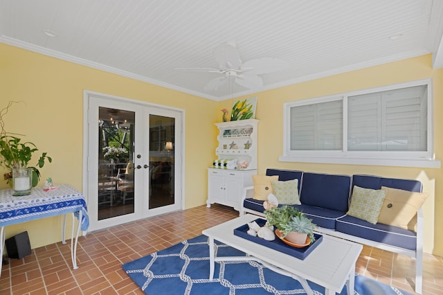 4633 Holly Dr, Palm Beach Gardens, FL 33418 - living room featuring brick patterned floors, french doors, ornamental molding, and ceiling fan