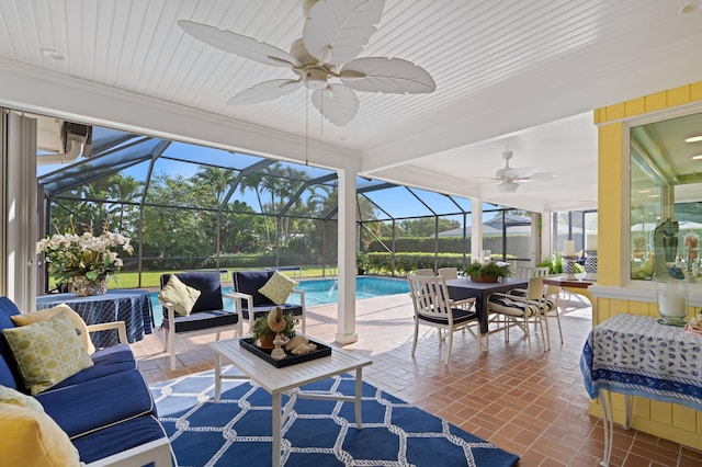 4633 Holly Dr, Palm Beach Gardens, FL 33418 - view of patio / terrace featuring outdoor lounge area, a ceiling fan, an outdoor pool, and a lanai