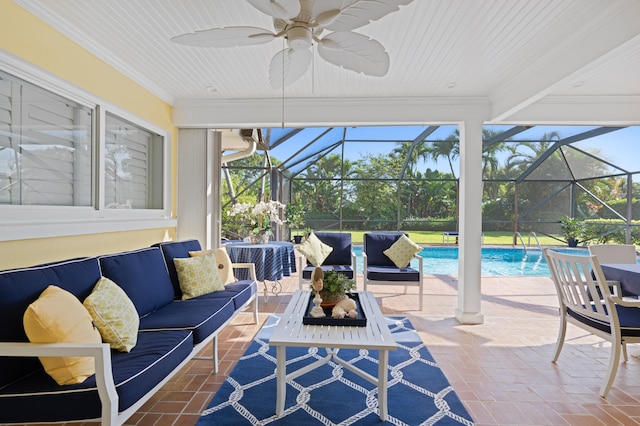 4633 Holly Dr, Palm Beach Gardens, FL 33418 - sunroom with an outdoor hangout area, ceiling fan, and a pool