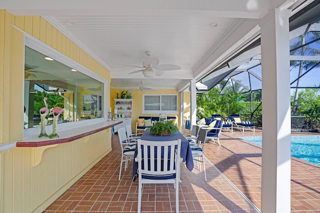 4633 Holly Dr, Palm Beach Gardens, FL 33418 - view of patio with a ceiling fan, an outdoor pool, an outdoor living space, and glass enclosure