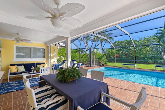 4633 Holly Dr, Palm Beach Gardens, FL 33418 - swimming pool featuring a patio, ceiling fan, an outdoor living space, a lanai, and outdoor dining area