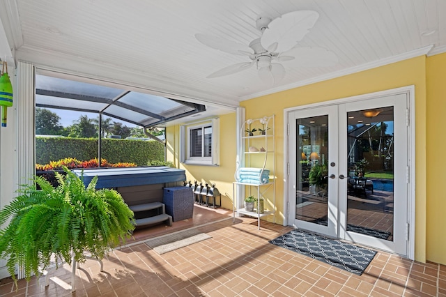 4633 Holly Dr, Palm Beach Gardens, FL 33418 - sunroom with a jacuzzi, french doors, and a ceiling fan