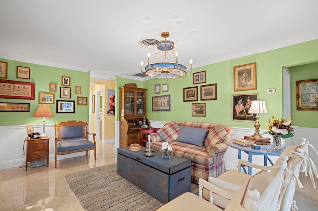 4633 Holly Dr, Palm Beach Gardens, FL 33418 - living room featuring wainscoting, a chandelier, and ornamental molding