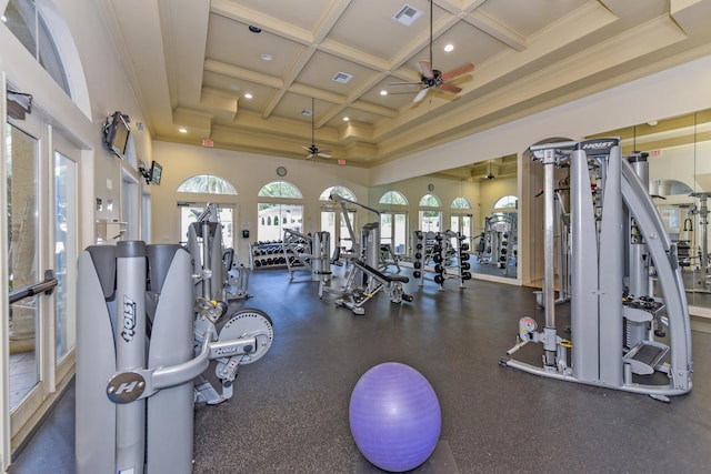 3583 Collonade Dr, Wellington, FL 33449 - workout area with ceiling fan, coffered ceiling, beam ceiling, recessed lighting, and crown molding