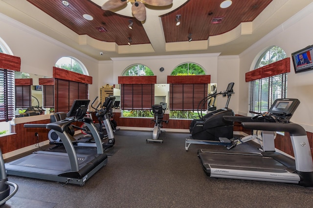 3583 Collonade Dr, Wellington, FL 33449 - gym with plenty of natural light, a raised ceiling, wood ceiling, a ceiling fan, and ornamental molding