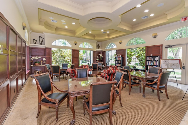 3583 Collonade Dr, Wellington, FL 33449 - dining area featuring a towering ceiling, coffered ceiling, ornamental molding, recessed lighting, and beamed ceiling