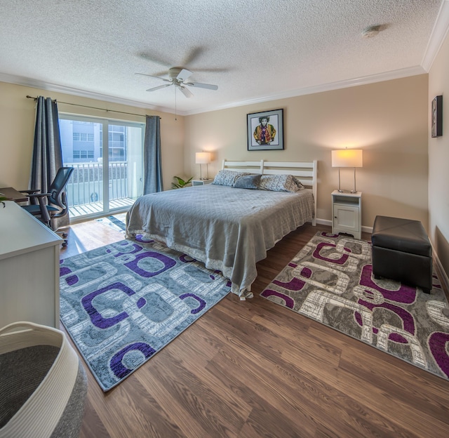 1516 S Lakeside Dr Unit 205, Lake Worth Beach, FL 33460 - bedroom featuring access to exterior, a textured ceiling, crown molding, wood finished floors, and ceiling fan