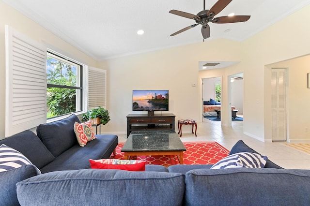 17183 76th St N, Loxahatchee, FL 33470 - tiled living room featuring ornamental molding, ceiling fan, baseboards, and recessed lighting