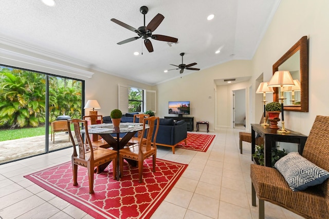 17183 76th St N, Loxahatchee, FL 33470 - dining room with ceiling fan, ornamental molding, light tile patterned floors, vaulted ceiling, and recessed lighting
