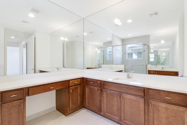 13439 SW River Rock Rd, Port Saint Lucie, FL 34987 - full bath featuring a stall shower, double vanity, tile patterned floors, and recessed lighting