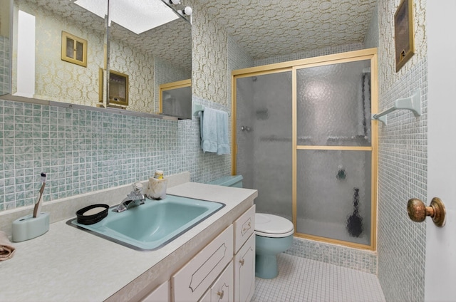 300 NE 20th St Unit 8060, Boca Raton, FL 33431 - full bathroom with toilet, vanity, a stall shower, tile patterned flooring, and tile walls