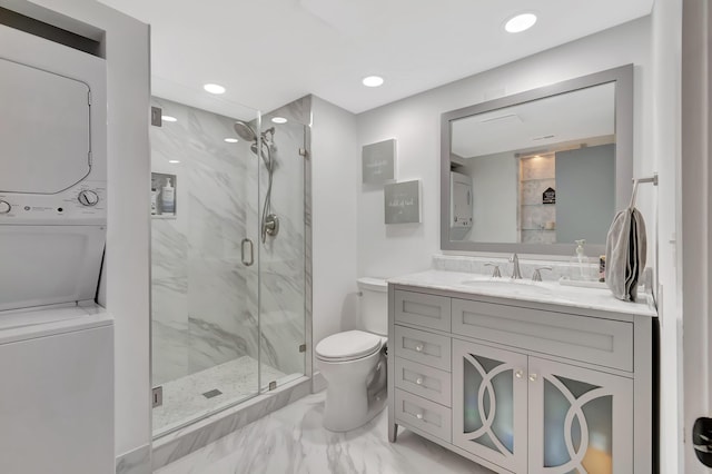21695 Tall Palm Cir Unit 4B, Boca Raton, FL 33433 - full bathroom featuring stacked washing machine and dryer, marble look tile flooring, toilet, a marble finish shower, and vanity