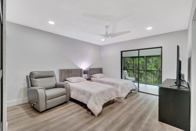 21695 Tall Palm Cir Unit 4B, Boca Raton, FL 33433 - bedroom featuring access to exterior, light wood finished floors, recessed lighting, ceiling fan, and baseboards
