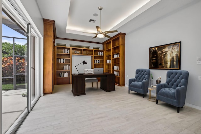 19050 SE Kokomo Ln, Jupiter, FL 33458 - office featuring a ceiling fan and a tray ceiling